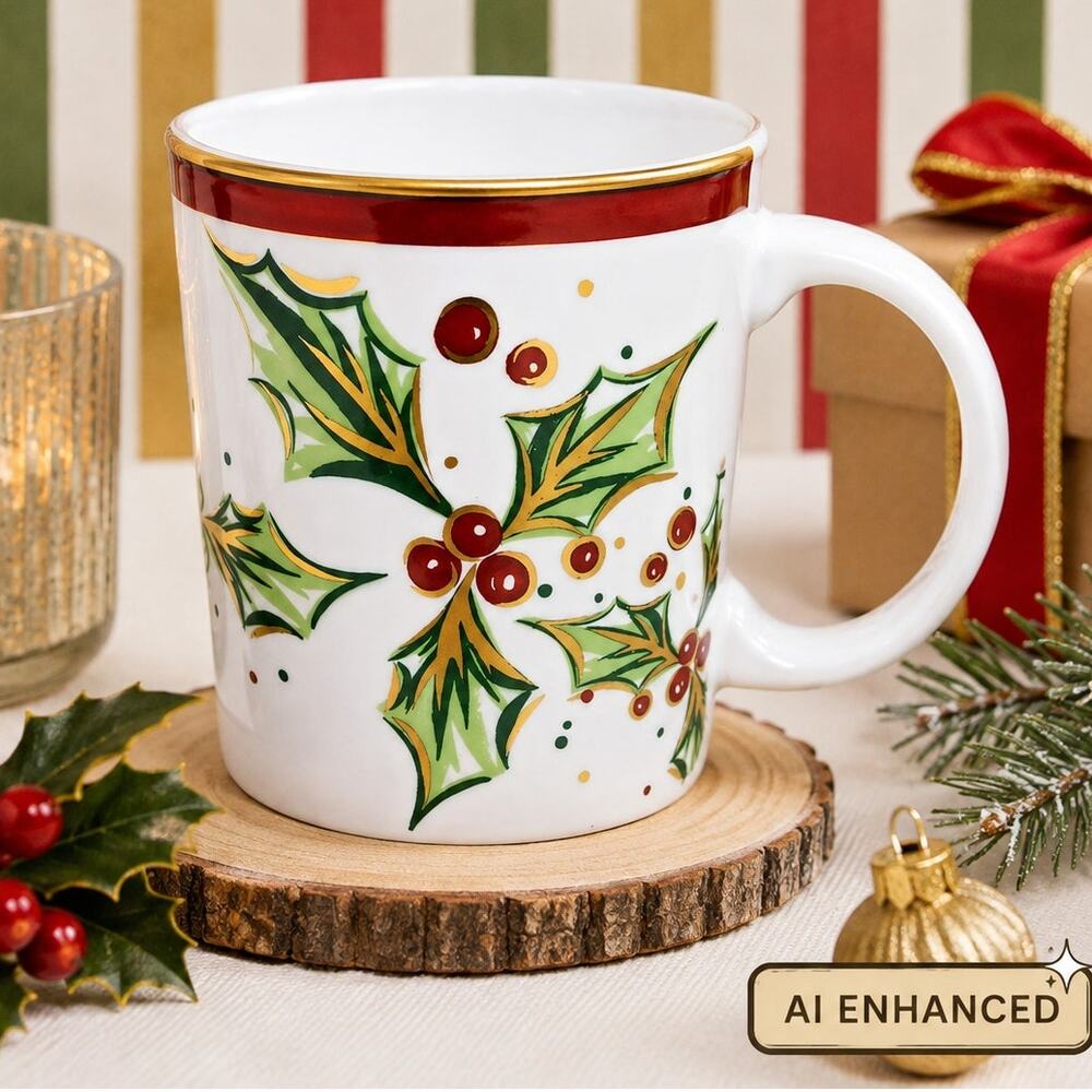 🎄🎀🎁Rare VTG Christmas Mug Holly Berry Gold Trim Festive Holiday Coffee Cup